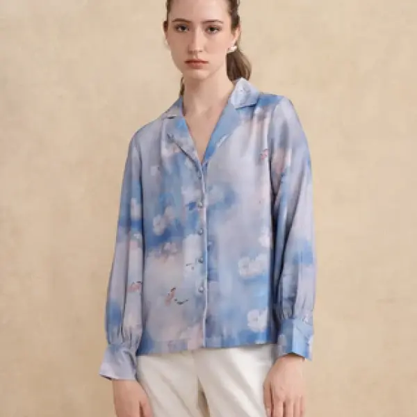 LAPEL NECK FLORAL PRINT TOP SETECANNET - BLUE
