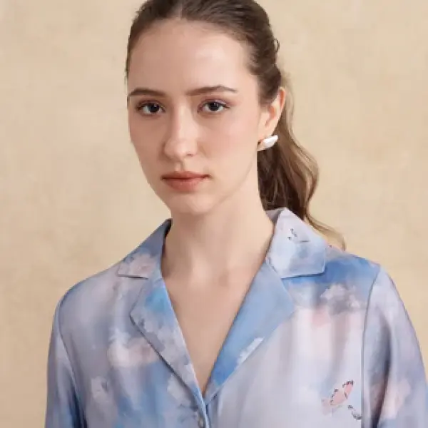LAPEL NECK FLORAL PRINT TOP SETECANNET - BLUE